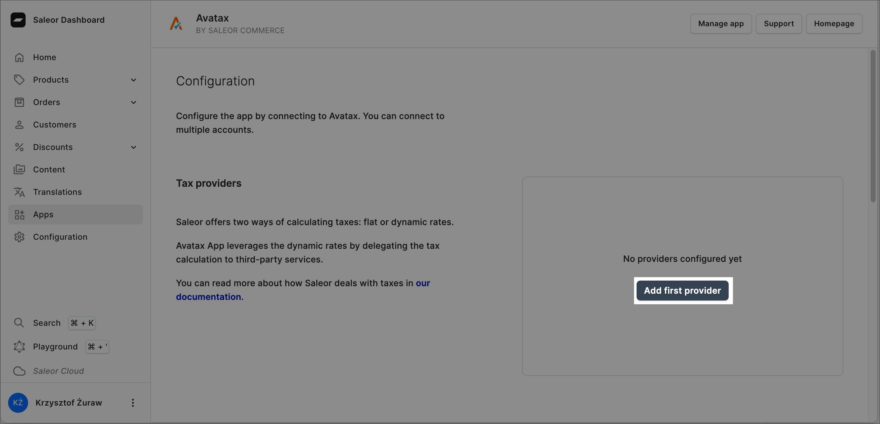 A screenshot of the Saleor Dashboard in the &quot;AvaTax&quot; app configuration section. The &quot;Add first provider&quot; button is highlighted.&quot;
